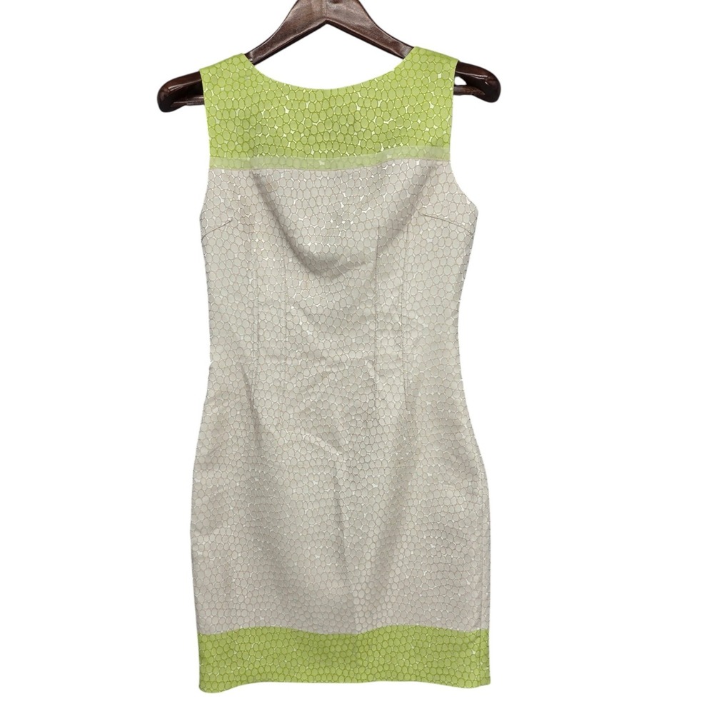 Elie Tahari Womens 4 Ivory Lime Green Lace Sheath Dress Sleeveless 35" Cocktail